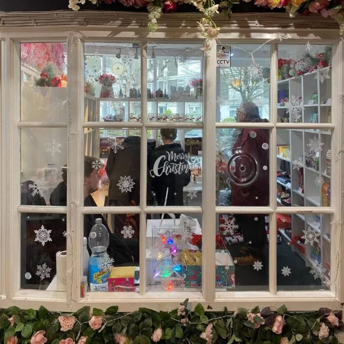 The Chocolate Box shop window decorated for Christmas